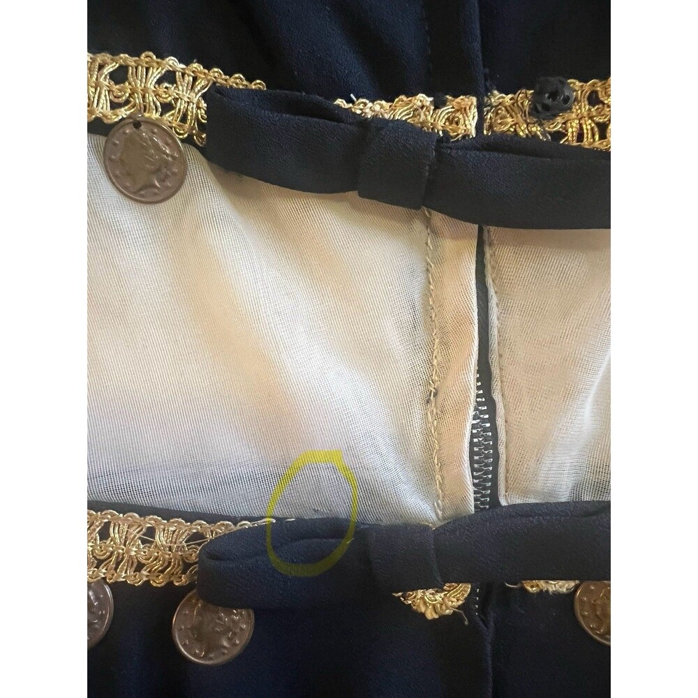 Vtg 60s Black Cocktail Dress XS Gold Coin Trim Mesh Midriff Asymmetrical Hem Mod - Picture 8 of 8